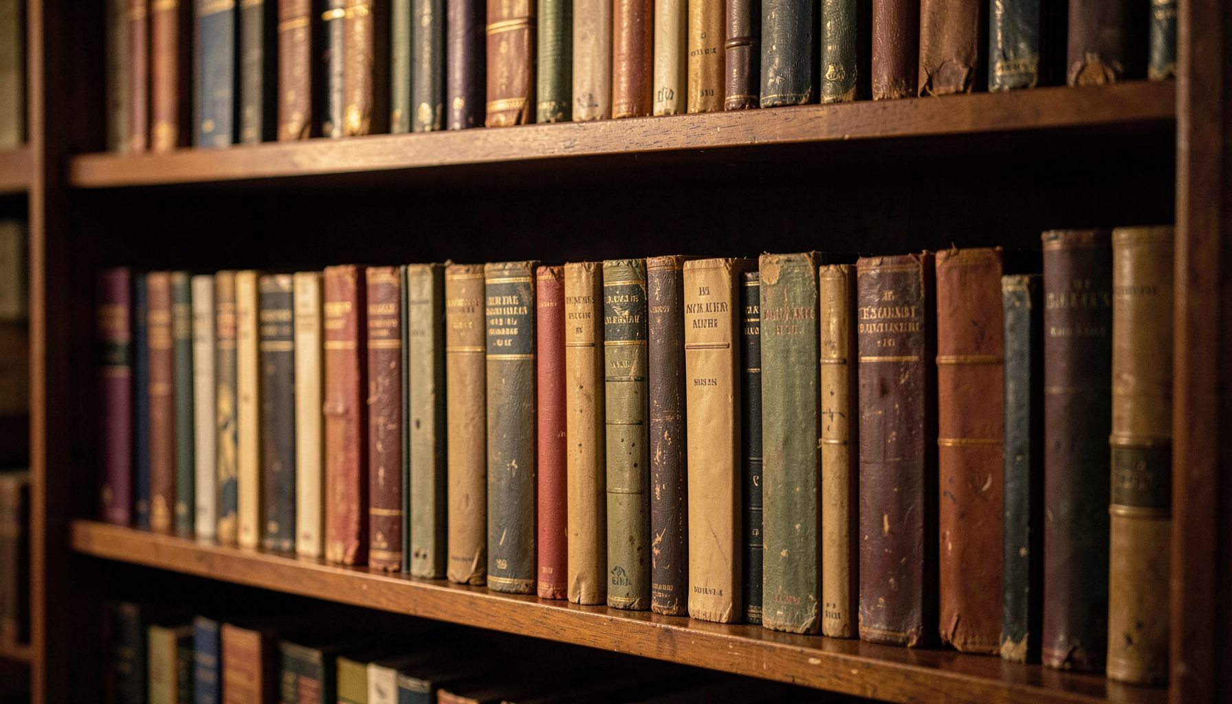 Estantería repleta de libros con lomos desgastados en tonos cálidos, iluminada por una luz tenue y acogedora.