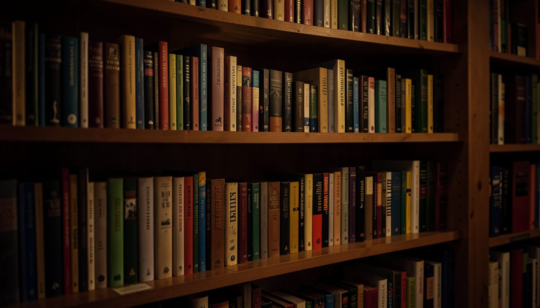 Estantería con libros de distintos tamaños y colores apagados, iluminada por una luz cálida y tenue que crea un ambiente sereno.