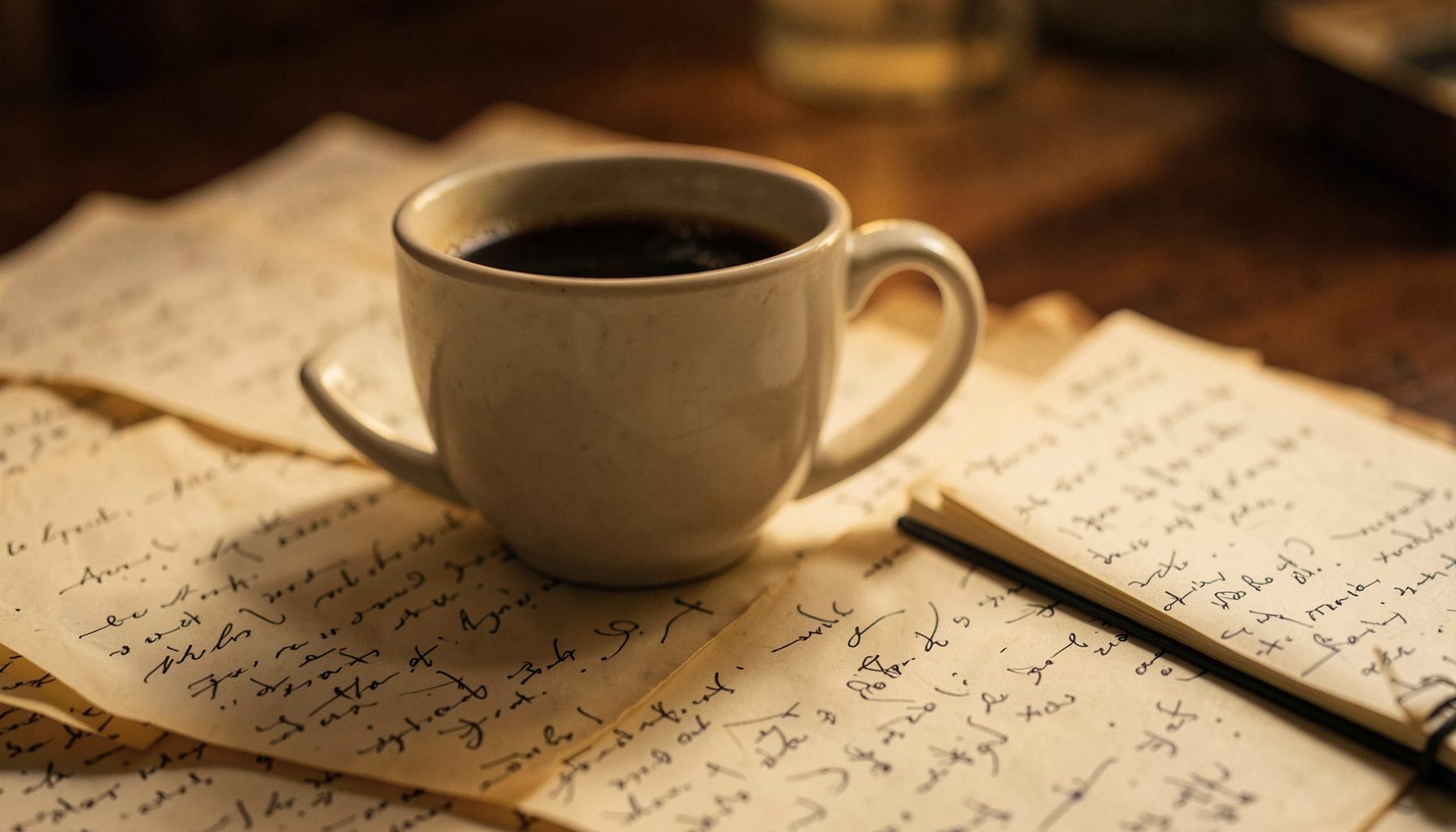 Primer plano de una taza de café sobre un montón de papeles manuscritos y un cuaderno abierto con anotaciones a bolígrafo.