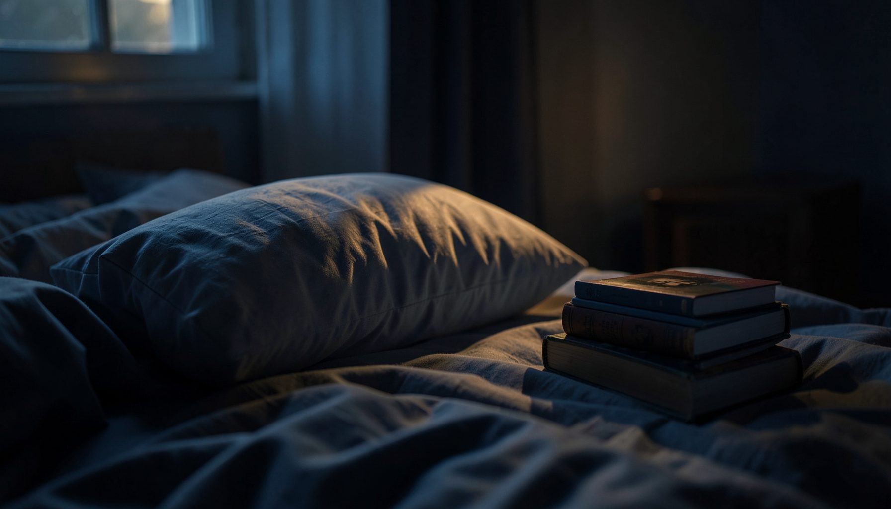 Una almohada sobre una cama deshecha junto a una pila de libros, iluminada por una luz cálida y tenue que entra por una ventana.