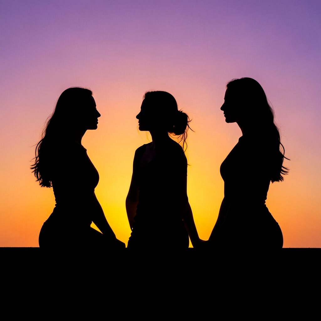 Siluetas femeninas en contraluz con un fondo de atardecer anaranjado y violeta.
