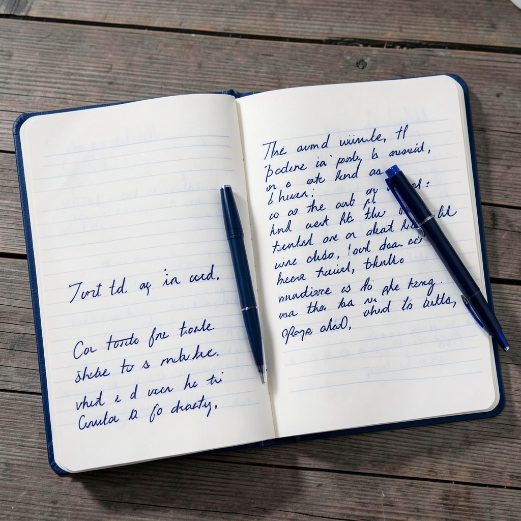 Un cuaderno abierto con anotaciones a mano y un bolígrafo, en tonos azul noche y blanco roto.