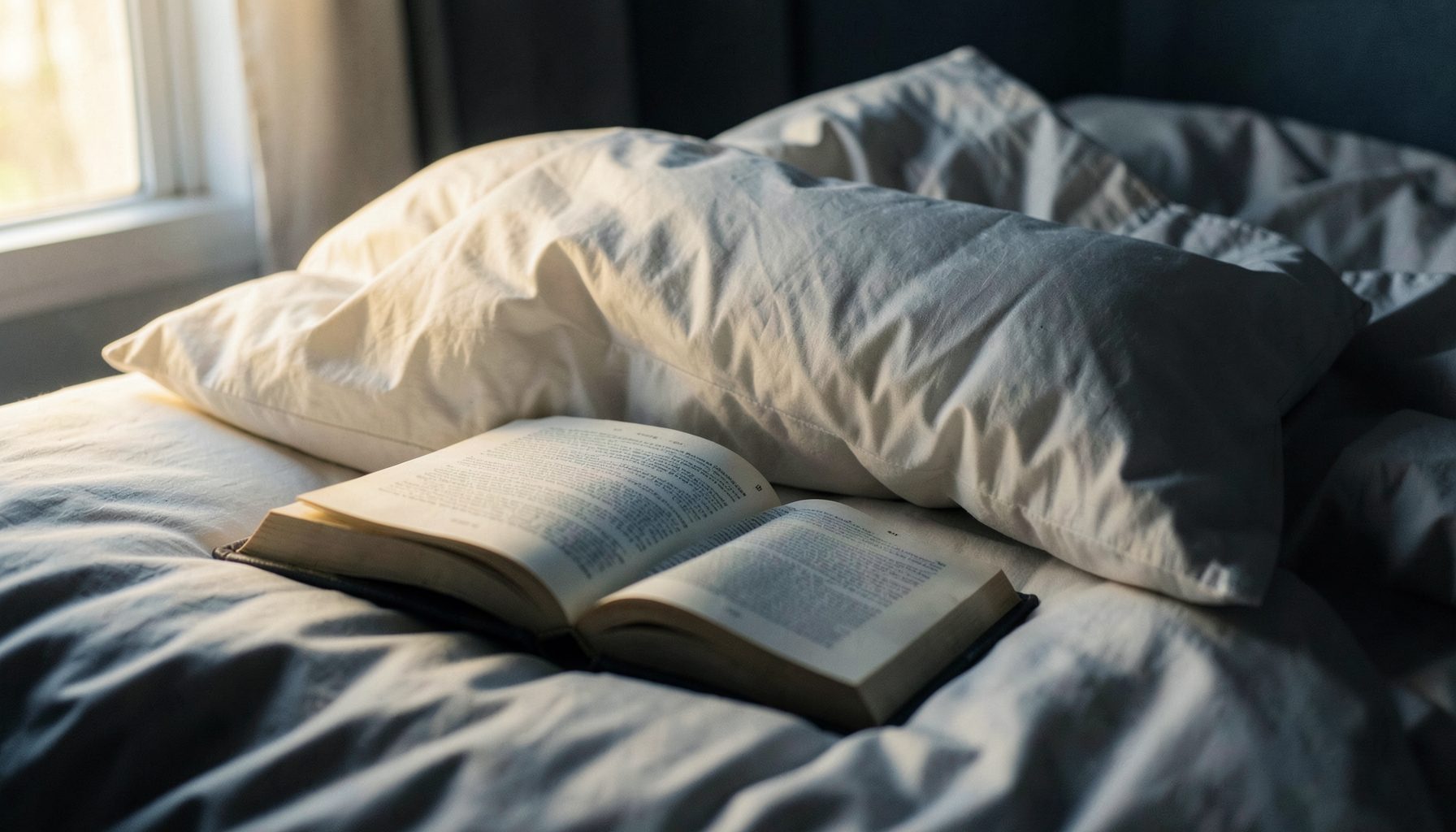 Una almohada blanca sobre una cama deshecha con un libro abierto boca abajo, iluminada por una luz tenue y cálida que entra por una ventana, creando un ambiente íntimo y literario.