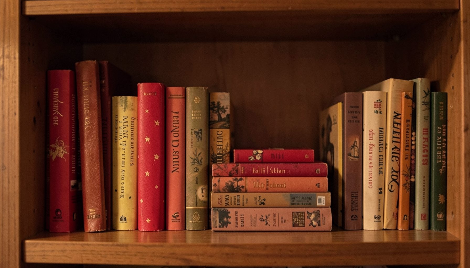 Estantería íntima con libros de cuentos apilados en tonos cálidos de rojo y ámbar, iluminada suavemente y con un aire acogedor.