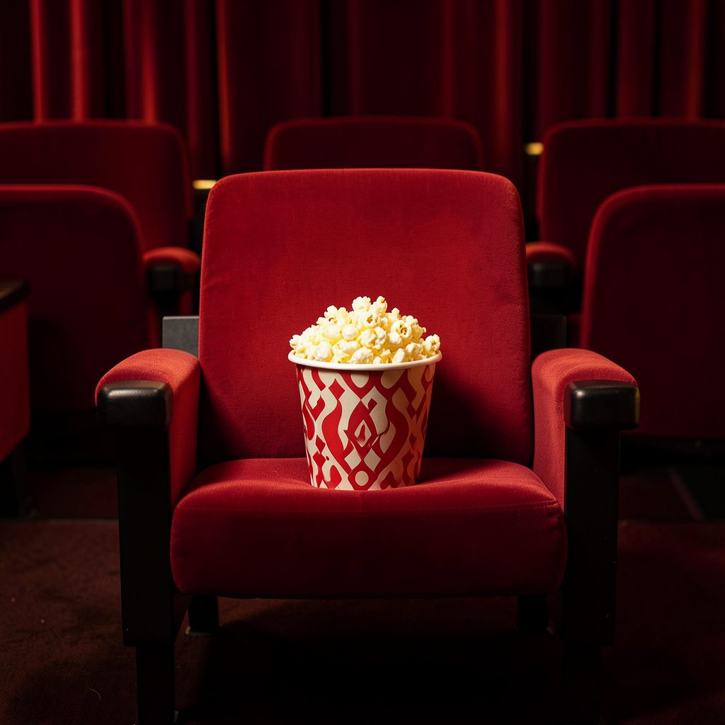 Una butaca de cine vacía con un cubo de palomitas, en tonos rojos intensos y dorados, atmósfera de gala.