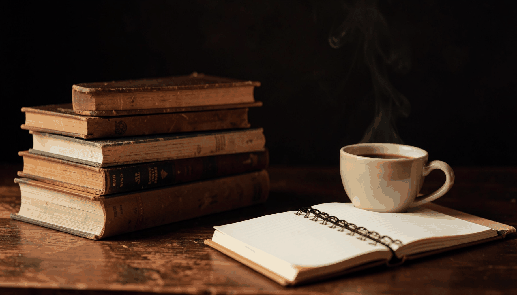 Mesa de escritorio con libros apilados, una taza de café humeante y una libreta abierta, todo en tonos cálidos y acogedores.